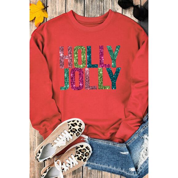 Red HOLLY JOLLY Printing Christmas Pullover Sweatshirt - Picture 5 of 8
